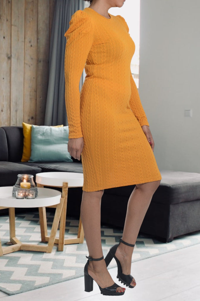 Mustard Puffed Sleeve Dress - StylePhase SA