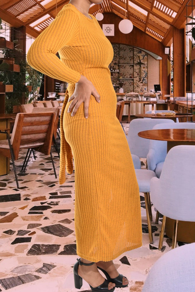 Mustard Ribbed Tie Up Dress - StylePhase SA