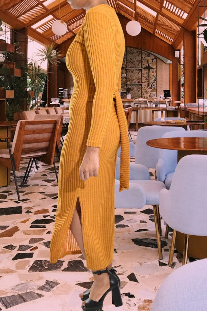 Mustard Ribbed Tie Up Dress - StylePhase SA