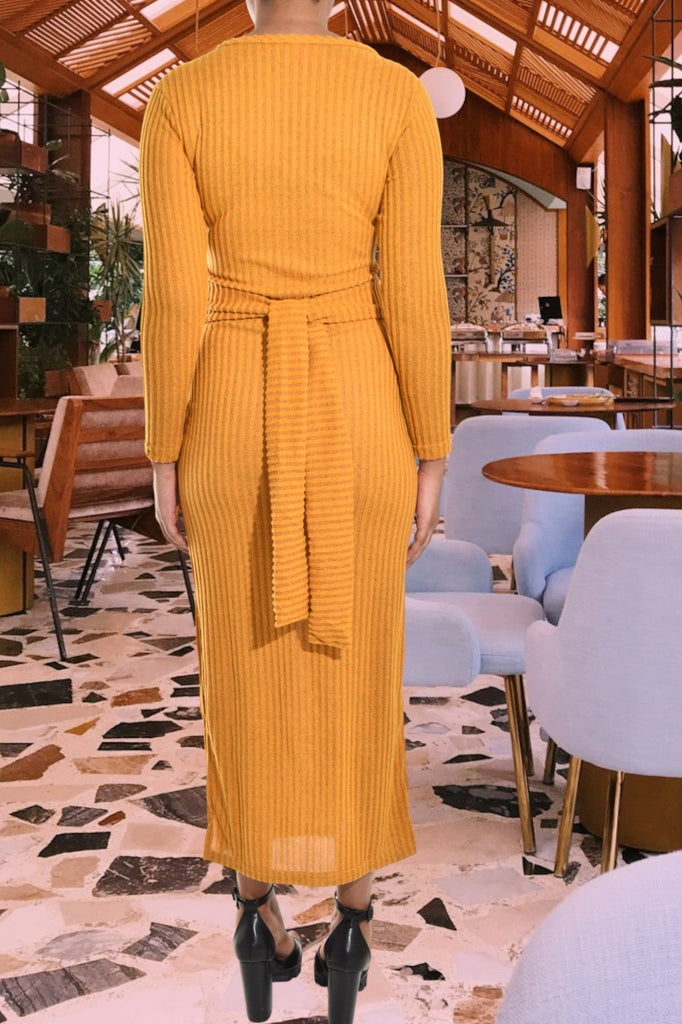 Mustard Ribbed Tie Up Dress - StylePhase SA