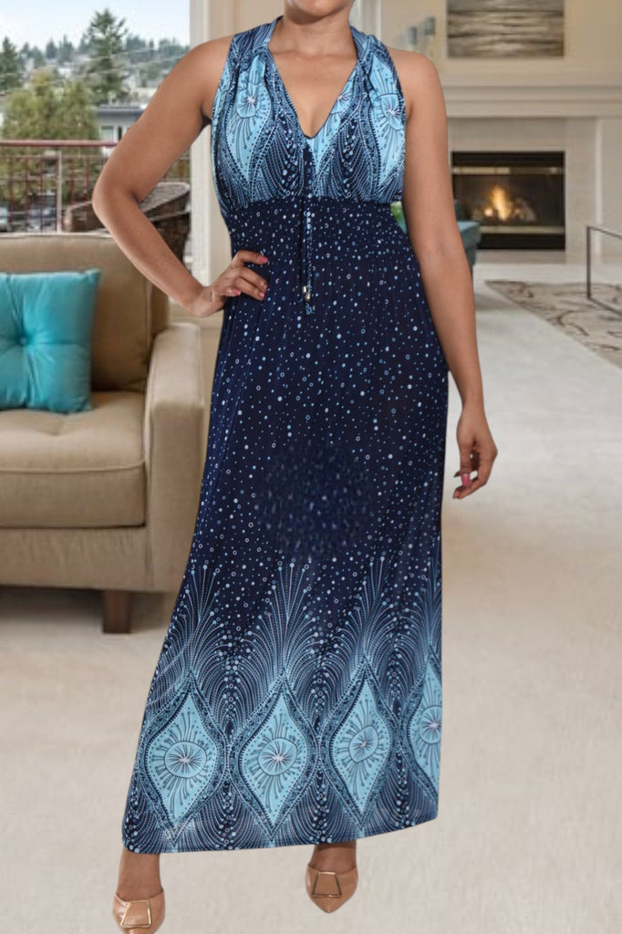 Navy and Blue V Neck Maxi Dress - StylePhase SA