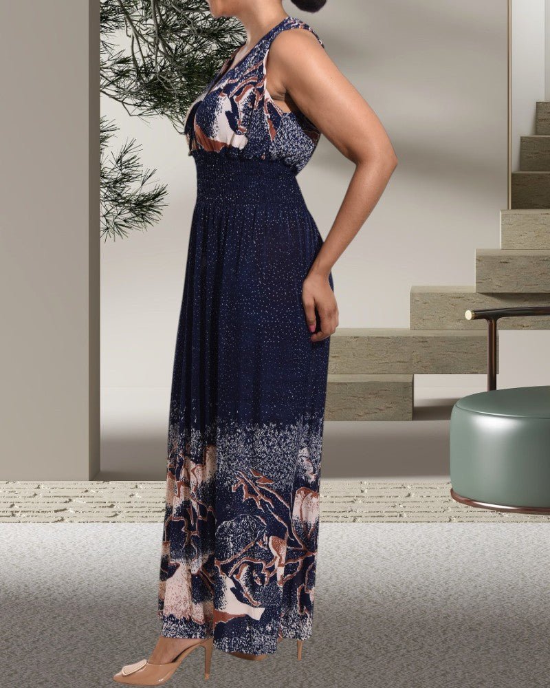 Navy and Brown V Neck Maxi Dress - StylePhase SA