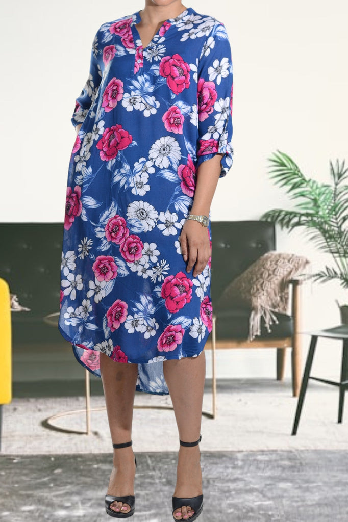 Navy And Pink Floral Pocket Tunic Dress - StylePhase SA