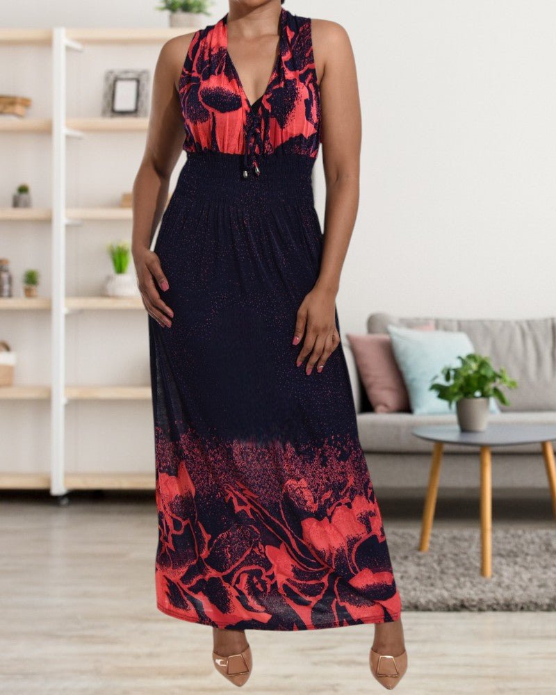 Navy and Red V Neck Maxi Dress - StylePhase SA