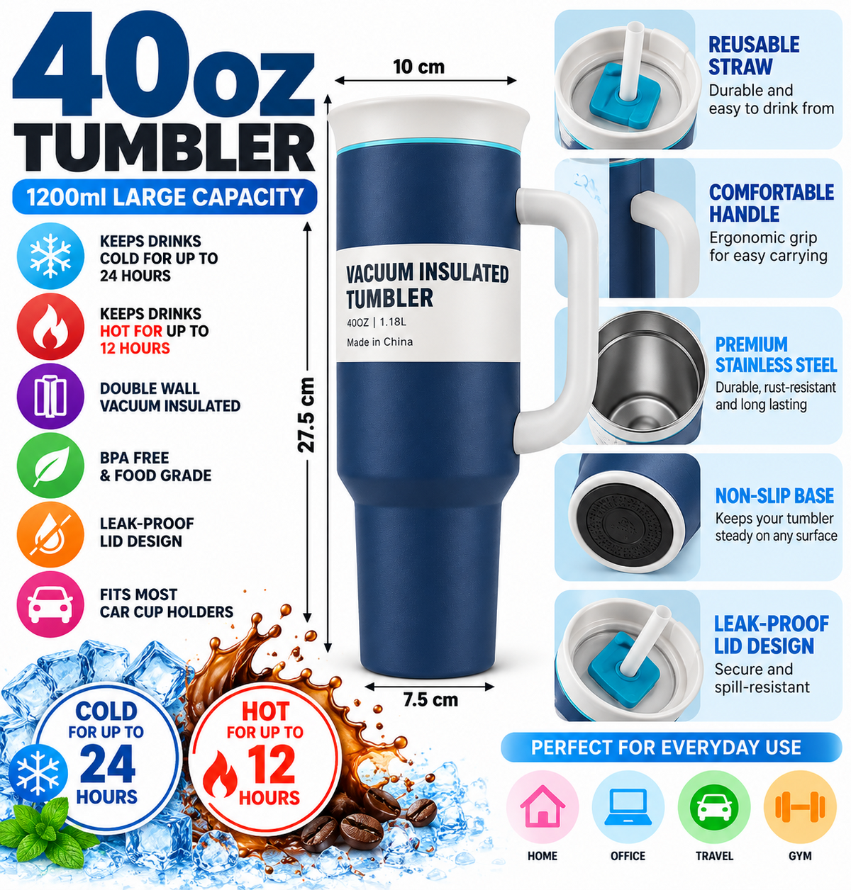 Navy blue tumbler product features