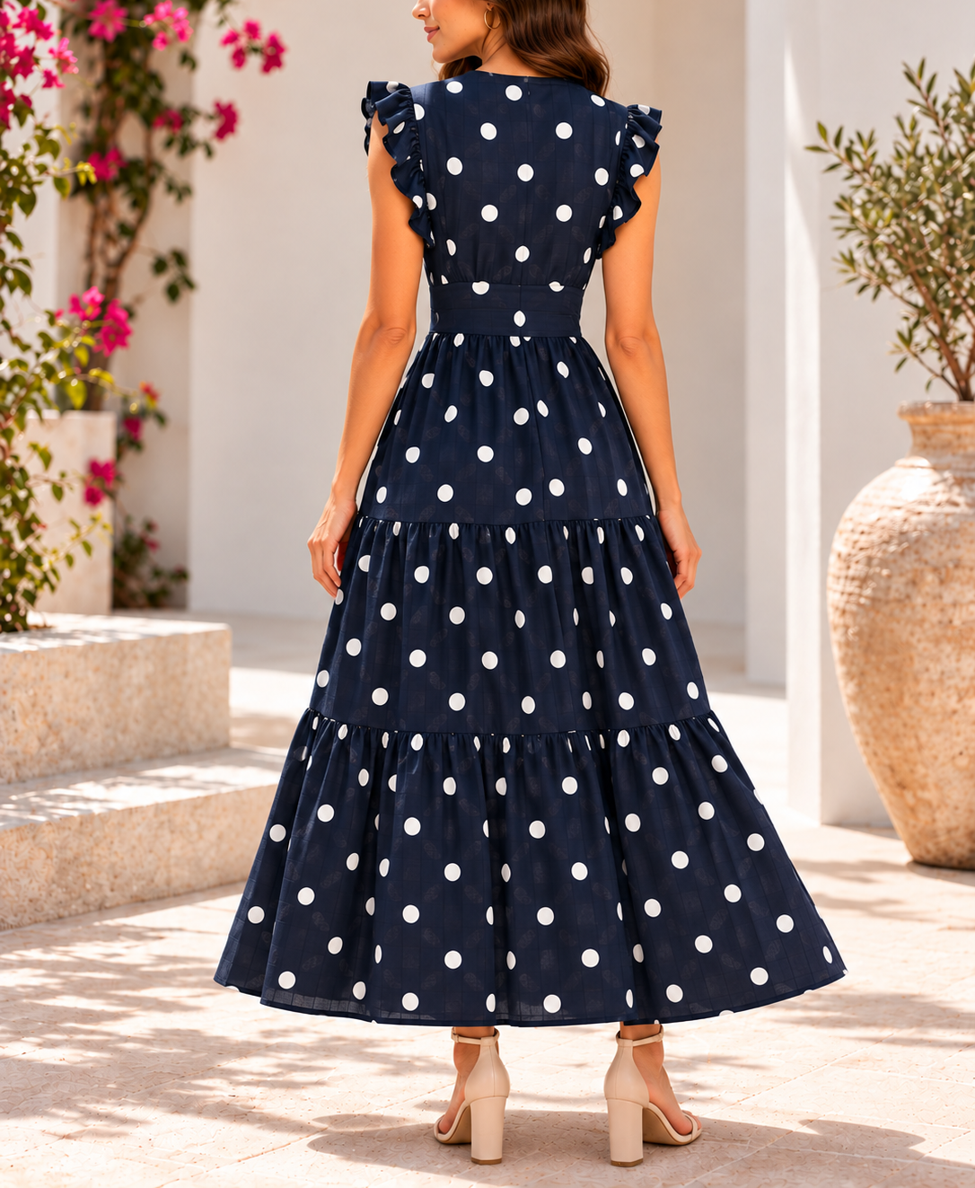 Side view navy polka dot tiered maxi dress