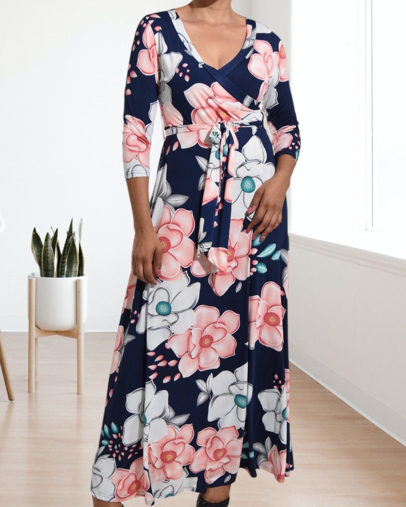 Navy V Neck Floral Maxi Dress - StylePhase SA