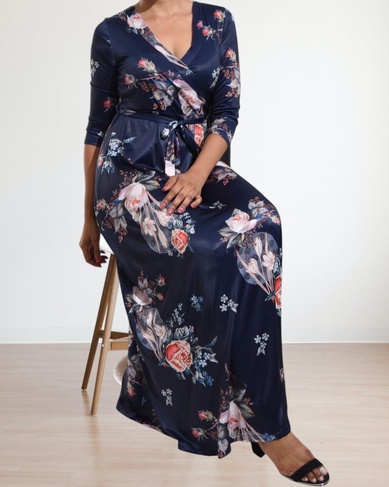 Navy V Neck Floral Maxi Dress - StylePhase SA