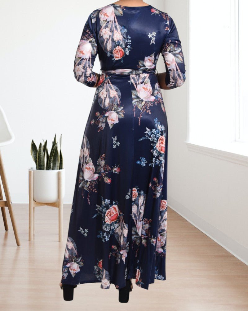 Navy V Neck Floral Maxi Dress - StylePhase SA