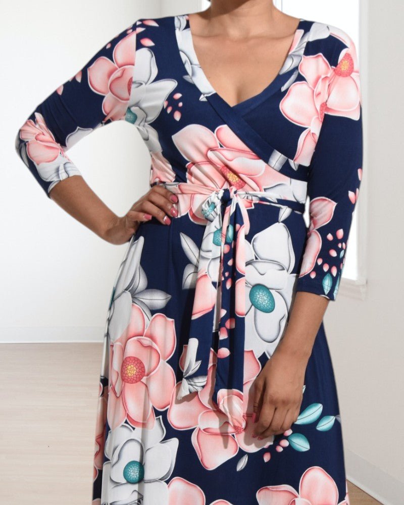 Navy V Neck Floral Maxi Dress - StylePhase SA