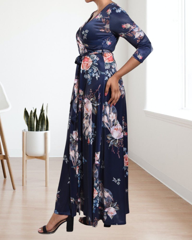 Navy V Neck Floral Maxi Dress - StylePhase SA