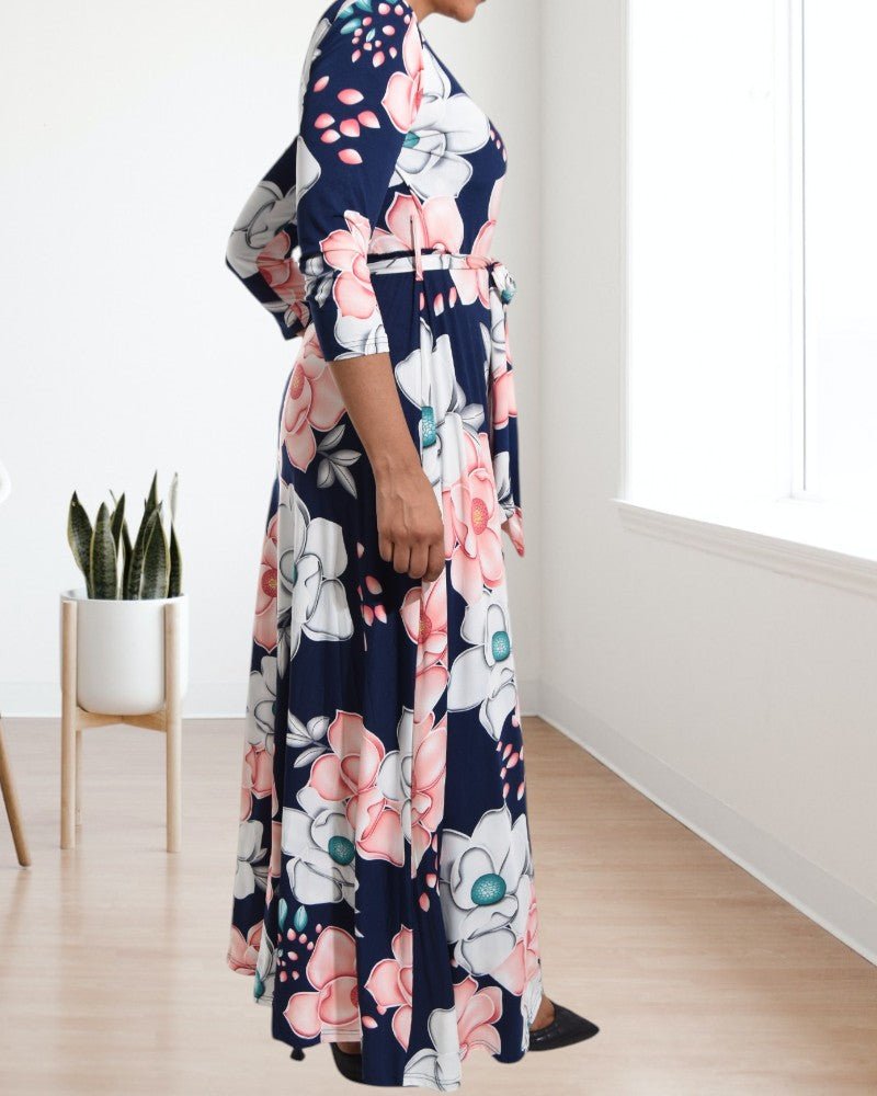 Navy V Neck Floral Maxi Dress - StylePhase SA