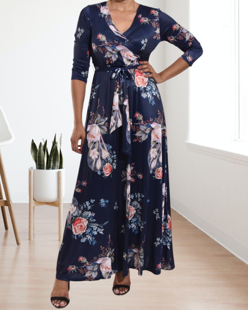 Navy V Neck Floral Maxi Dress - StylePhase SA