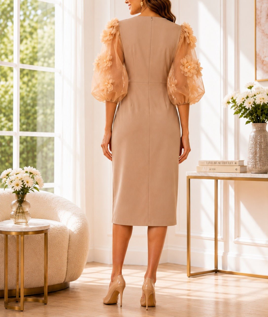 New Feeling Beige Puff Sleeve Sheer Dress - StylePhase SA