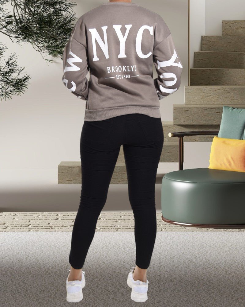 NYC Printed Back Taupe Sweater - StylePhase SA