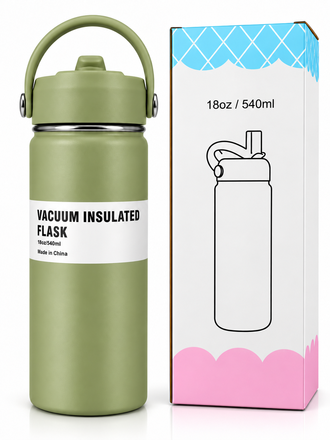 Light olive vacuum flask 540ml with packaging