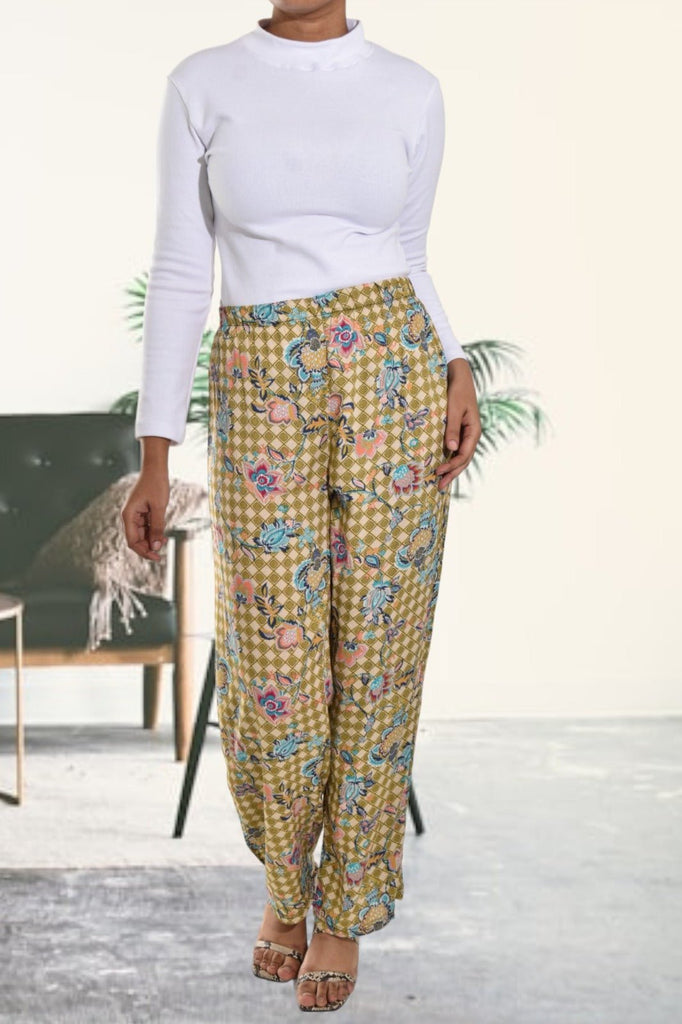 Olive Green Floral Printed Pants - StylePhase SA