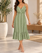 front view of olive green printed midi dress