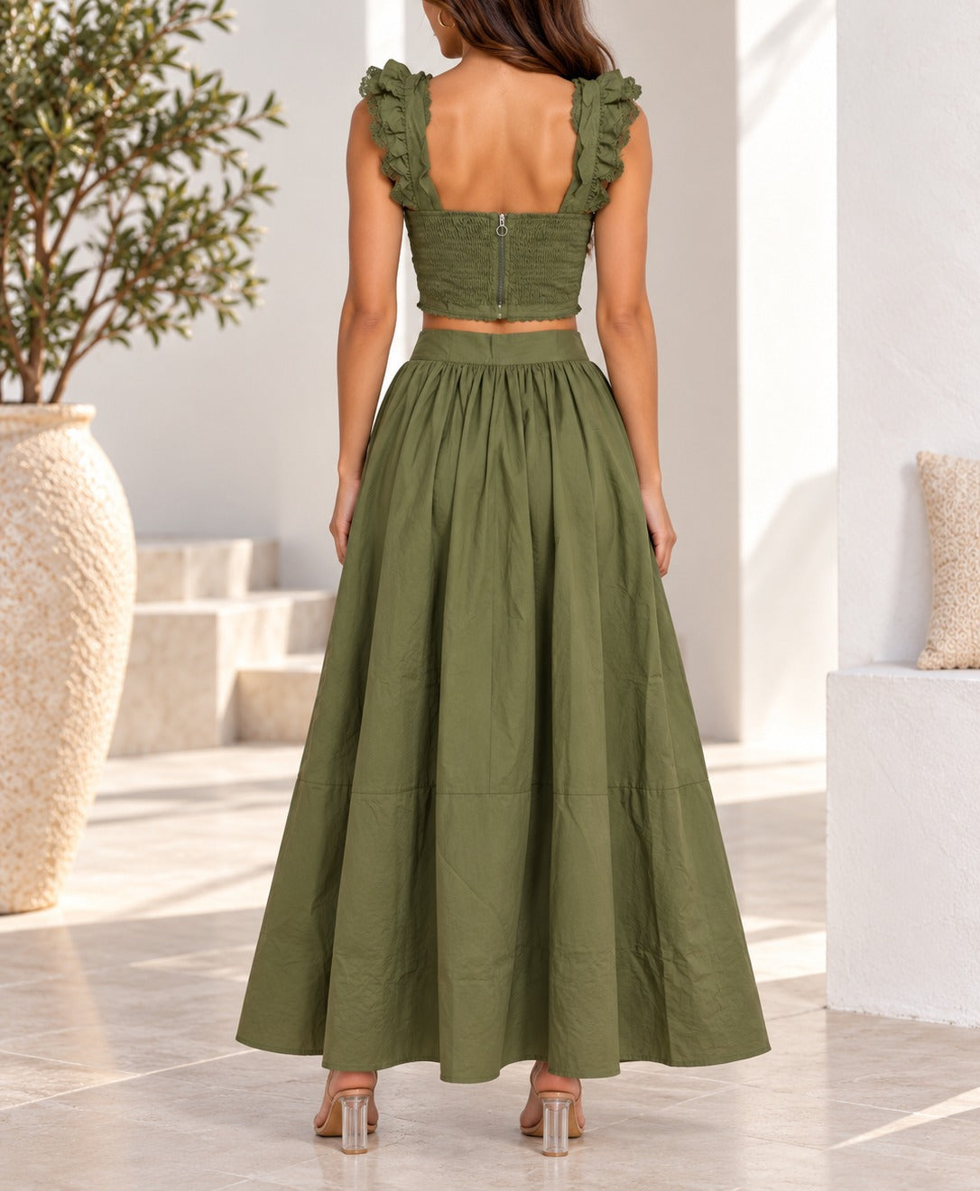 Olive green ruffle two piece set back view