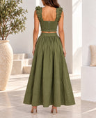 Olive green ruffle two piece set back view