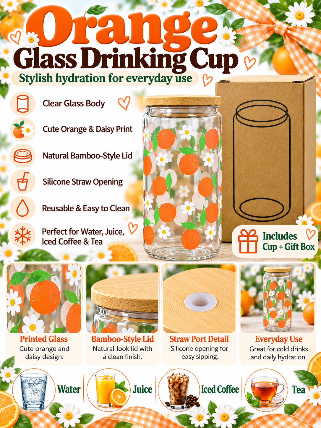 Orange and daisy glass cup with gift box