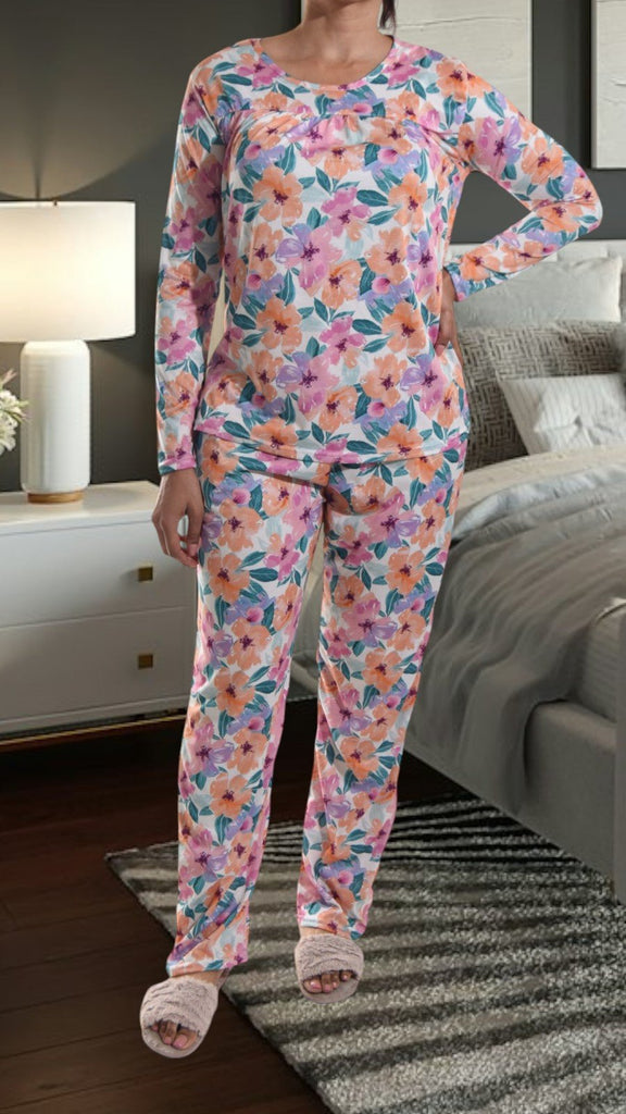 Orange Floral Long Pocket Pj Set - StylePhase SA