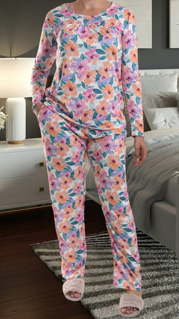 Orange Floral Long Pocket Pj Set - StylePhase SA