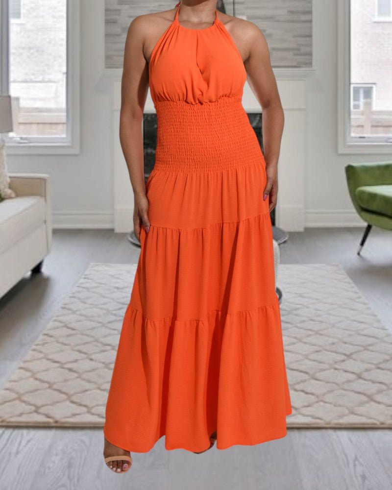 Orange Halter Neck Tiered Dress - StylePhase SA