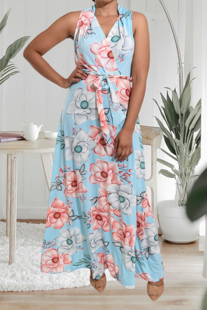 Peach Floral Halter Neck Dress - StylePhase SA