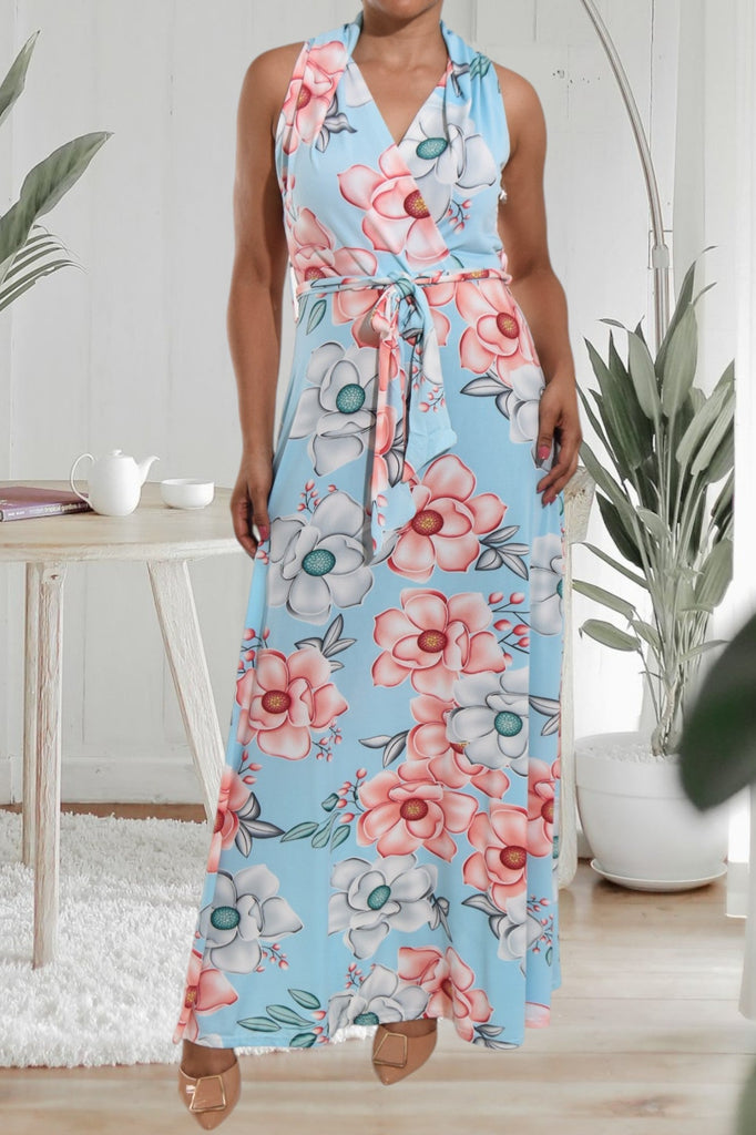 Peach Floral Halter Neck Dress - StylePhase SA