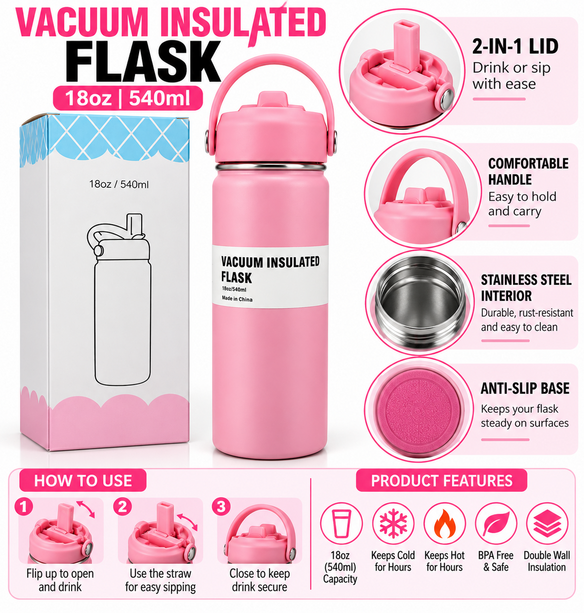 Pink 540ml vacuum insulated flask with its box