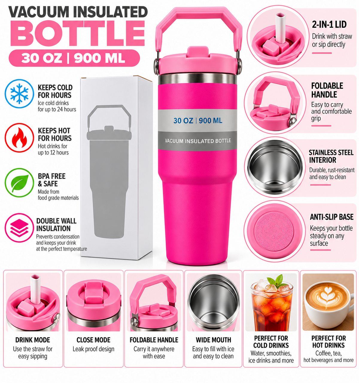 Pink insulated bottle features