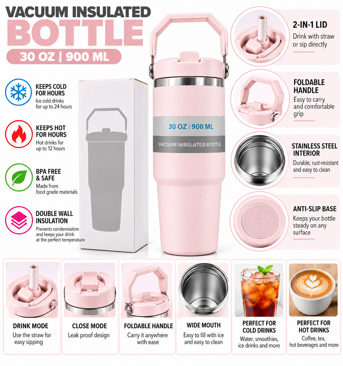 Light pink insulated bottle features
