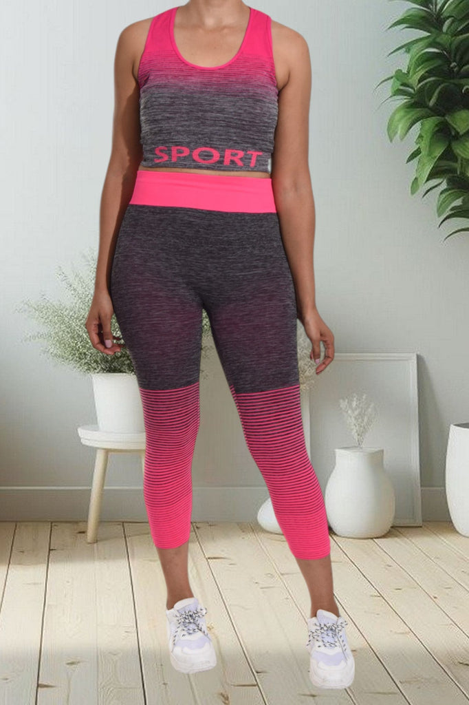 Pink And Grey Color Block 3/4 Activewear Set - StylePhase SA