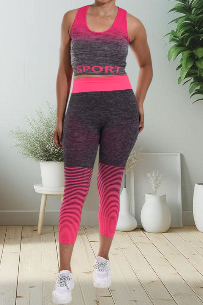 Pink And Grey Color Block 3/4 Activewear Set - StylePhase SA