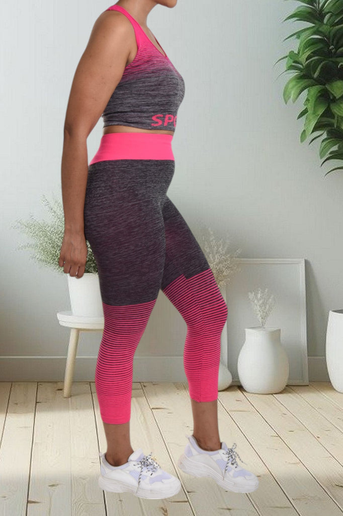 Pink And Grey Color Block 3/4 Activewear Set - StylePhase SA