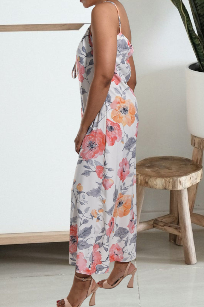 Pink And Grey Floral Strappy Maxi Tie Dress - StylePhase SA