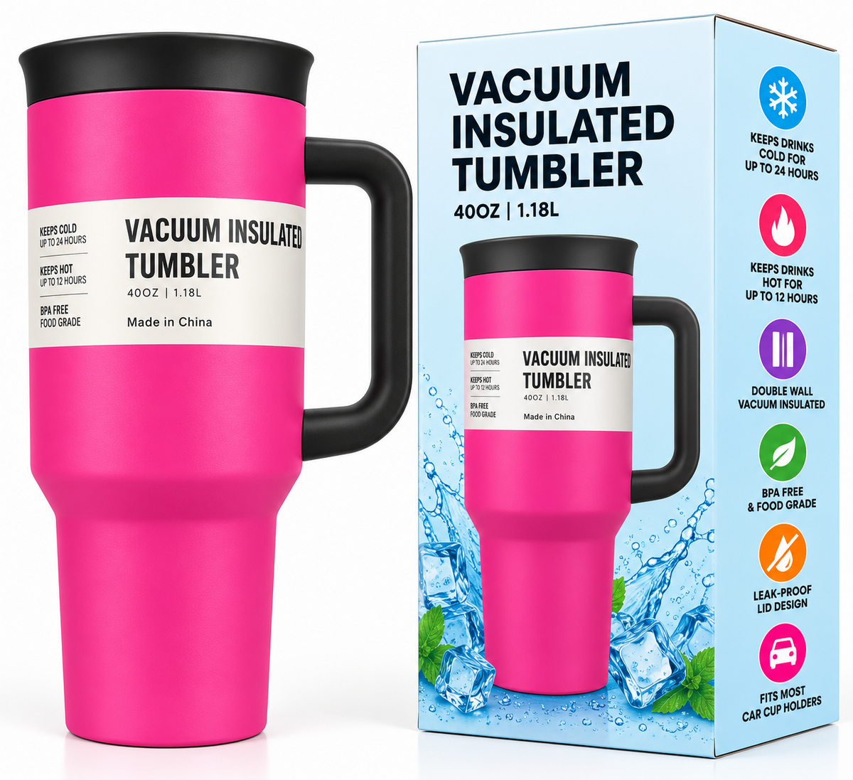 Pink and black tumbler features and dimensions