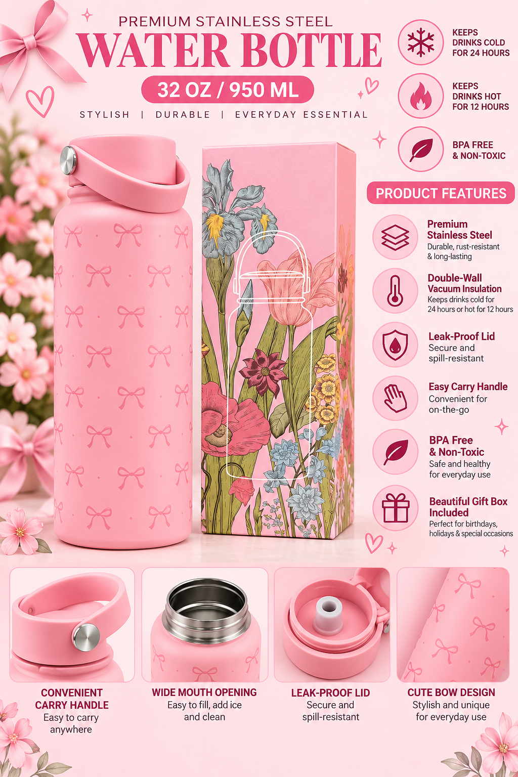 Pink bow stainless steel water bottle product features