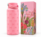 Pink bow stainless steel water bottle with floral gift box