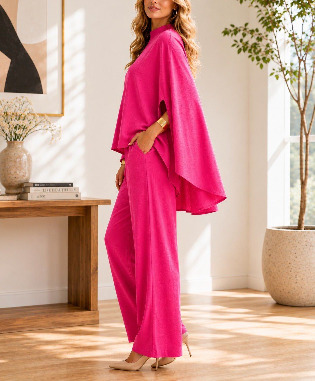 Pink Cape Sleeve Pants Two Piece Set- New Feeling - StylePhase SA