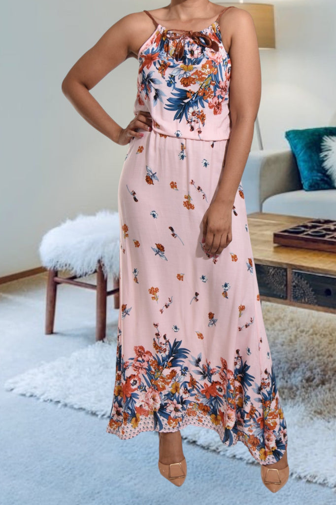 Pink Floral Strappy Maxi Tie Dress - StylePhase SA