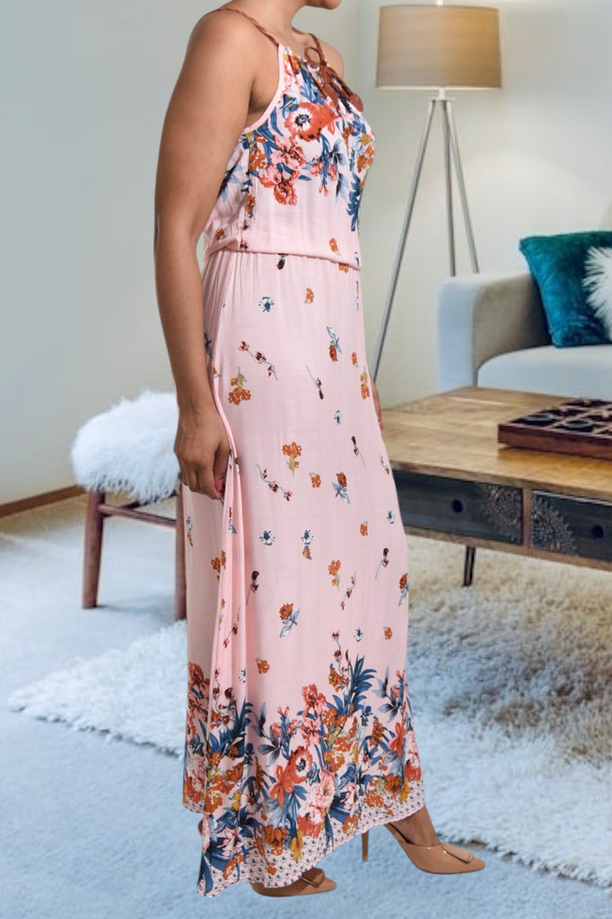 Pink Floral Strappy Maxi Tie Dress - StylePhase SA