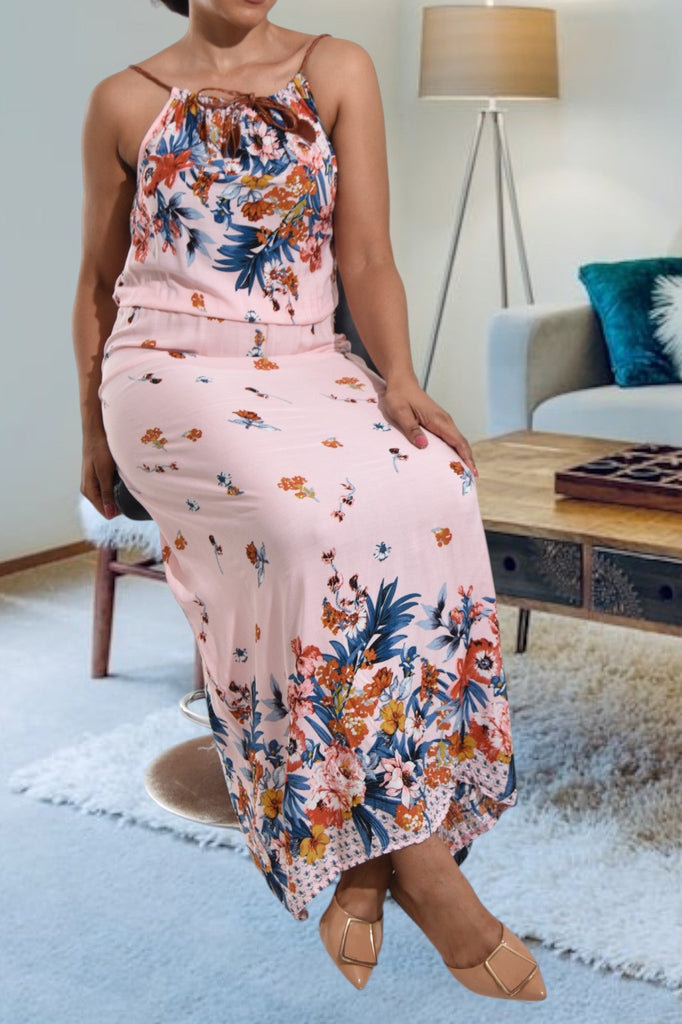 Pink Floral Strappy Maxi Tie Dress - StylePhase SA