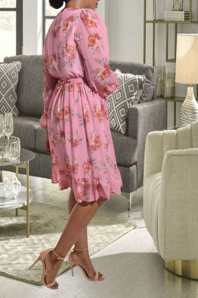 Pink Floral V Neck Chiffon Dress - StylePhase SA