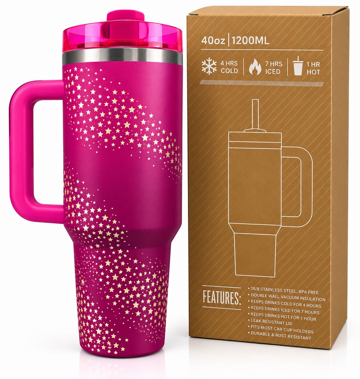 Pink gold star print tumbler with retail box