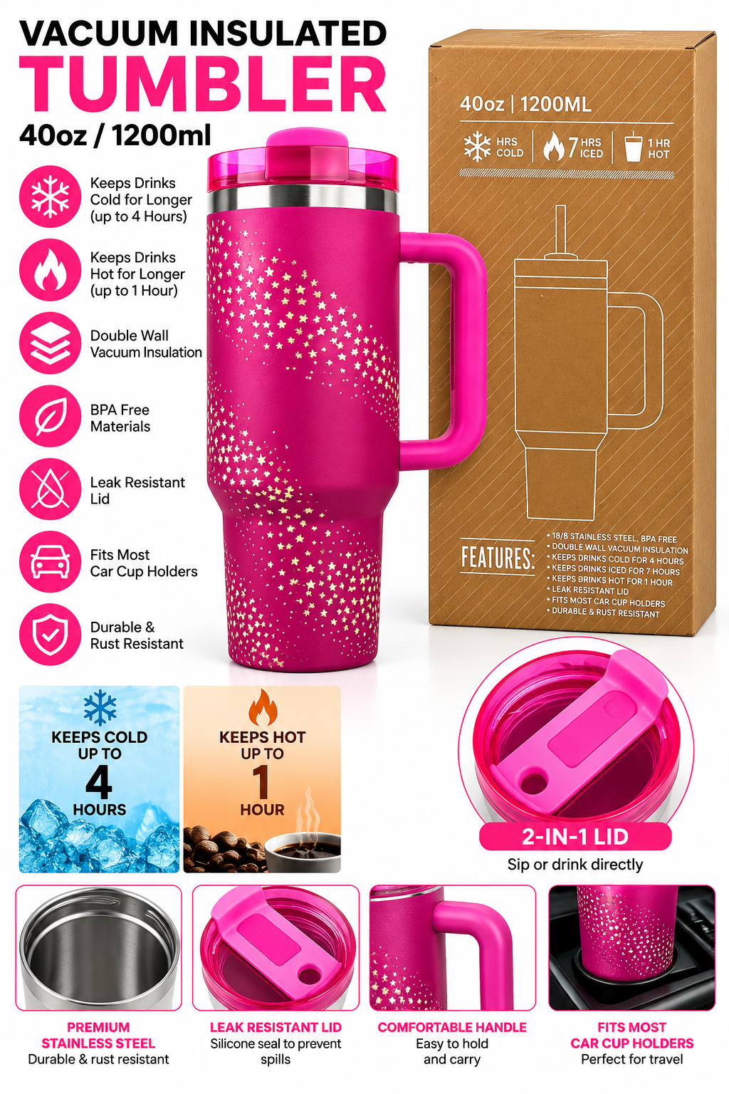 Pink gold star print 40oz tumbler features