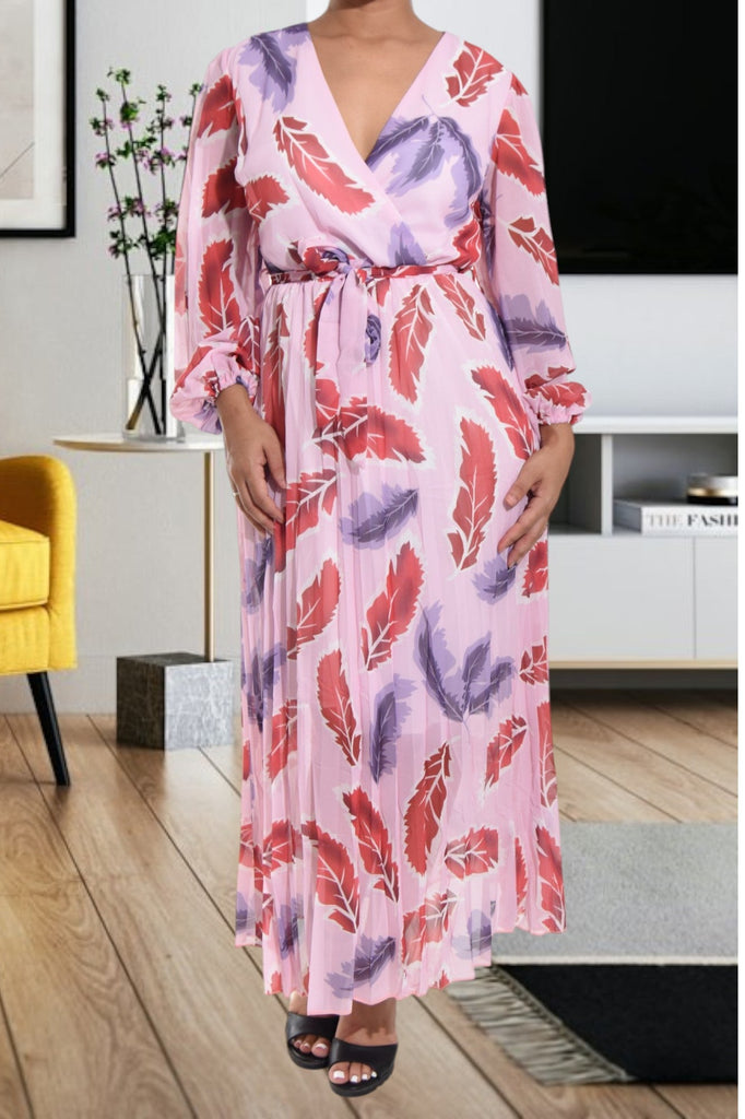 Pink Leaf Printed Tie Front Dress - StylePhase SA