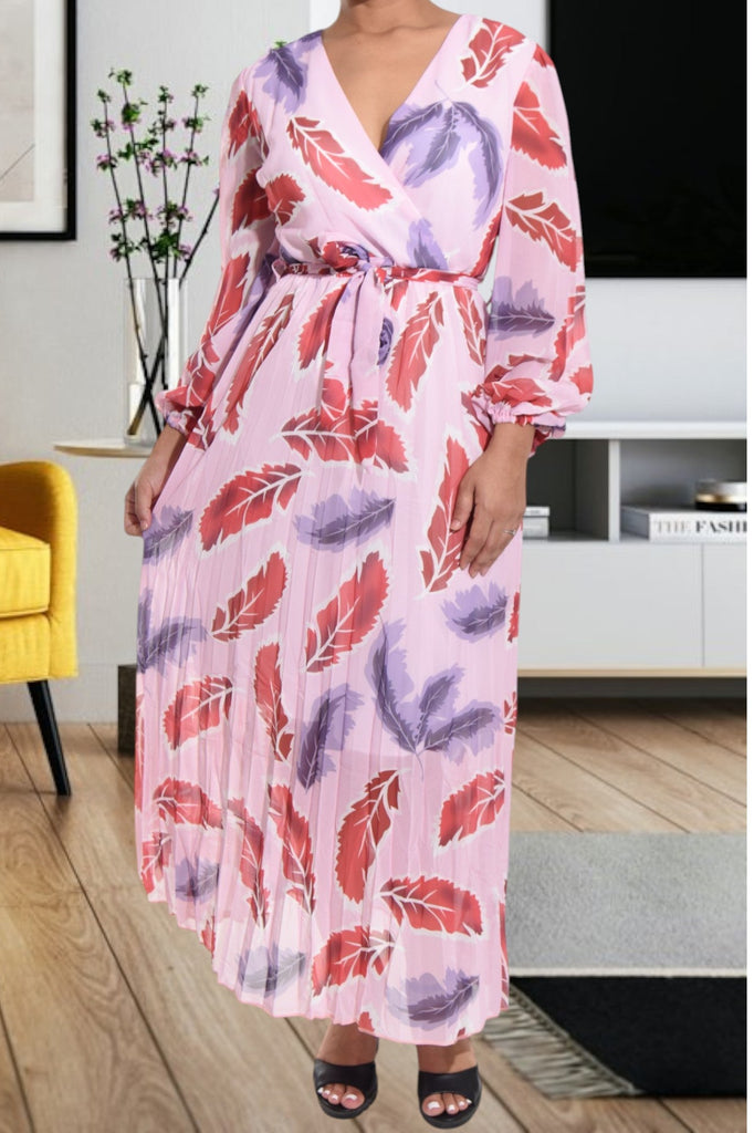 Pink Leaf Printed Tie Front Dress - StylePhase SA