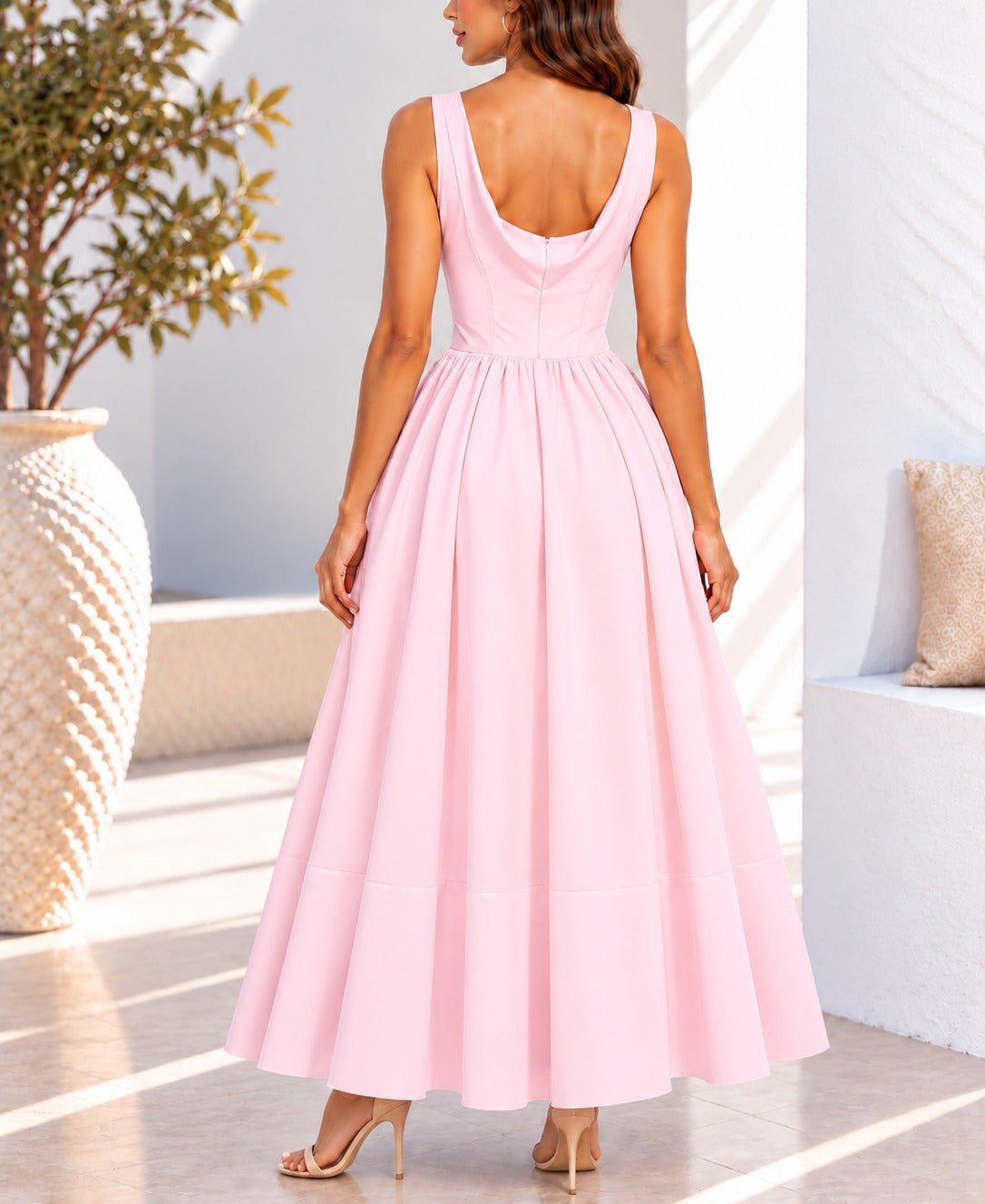 Pink sleeveless maxi dress back view